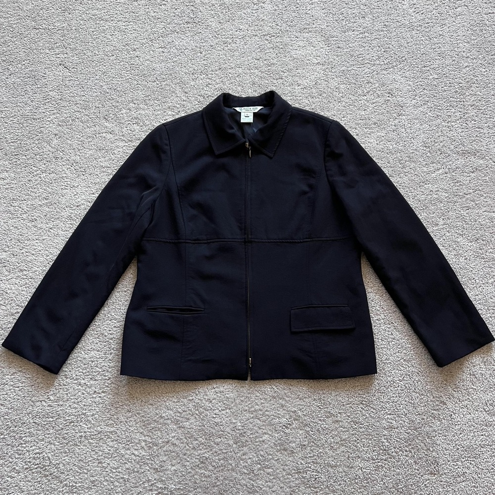 Vintage Austin Reed Worsted Wool Twill Zip Jacket Womens 16 Navy Collared USA